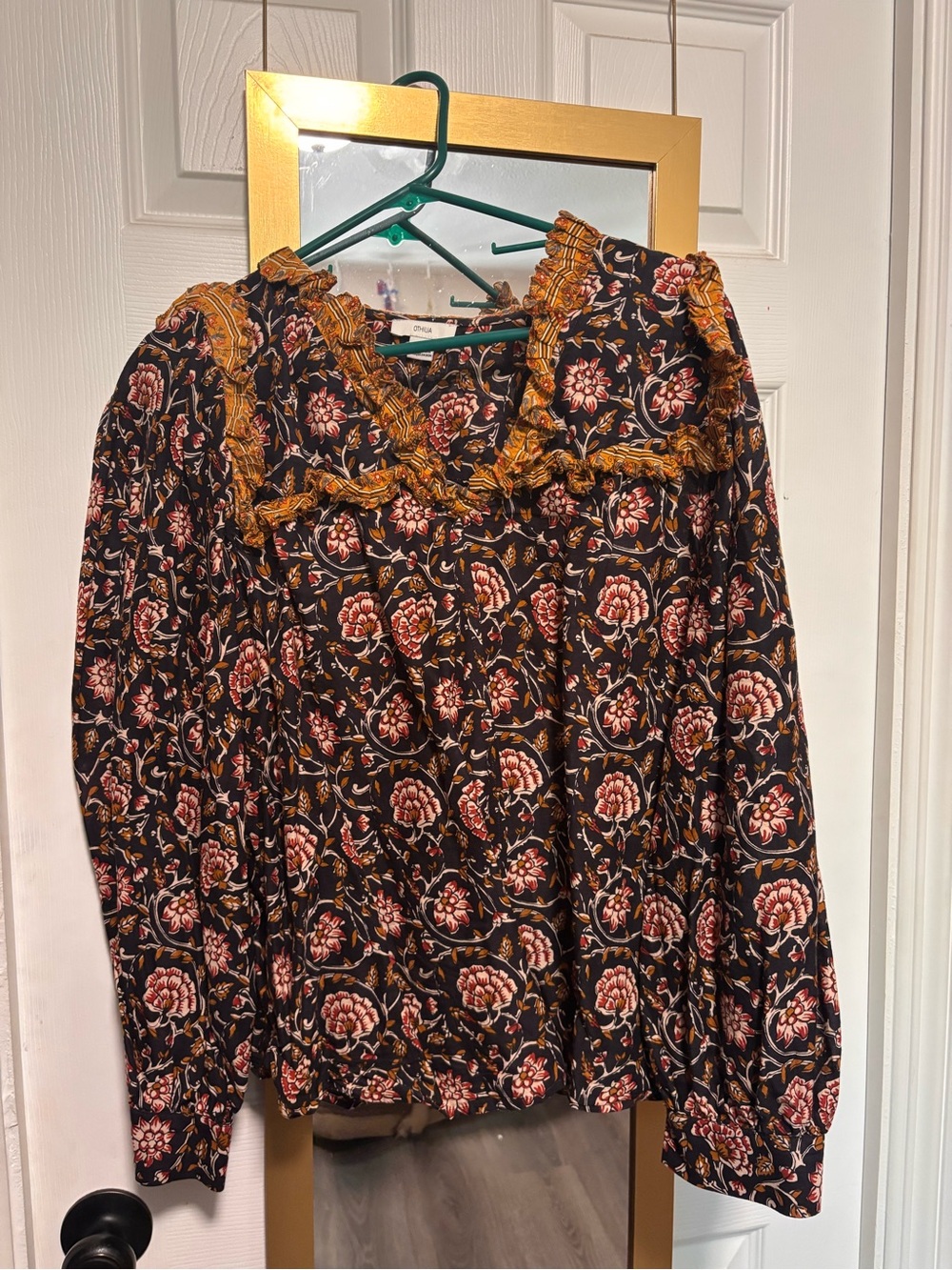 ILIA Black Floral Blouse with Rust Ruffle Trim